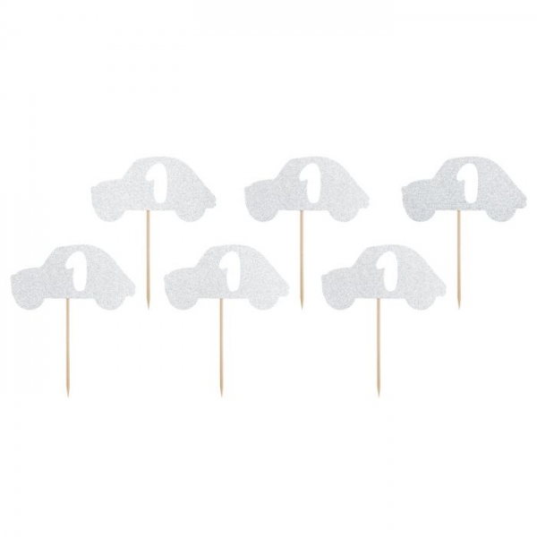 Cupcake Topper - 1st Birthday - Silver Cars